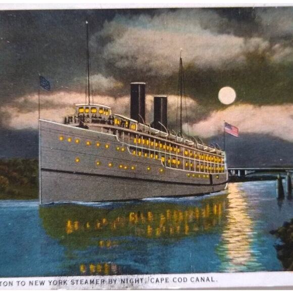 Ship Boat Postcard Steamer By Night Moon Light Cap Cod Canal Boston To New York - Picture 1 of 3